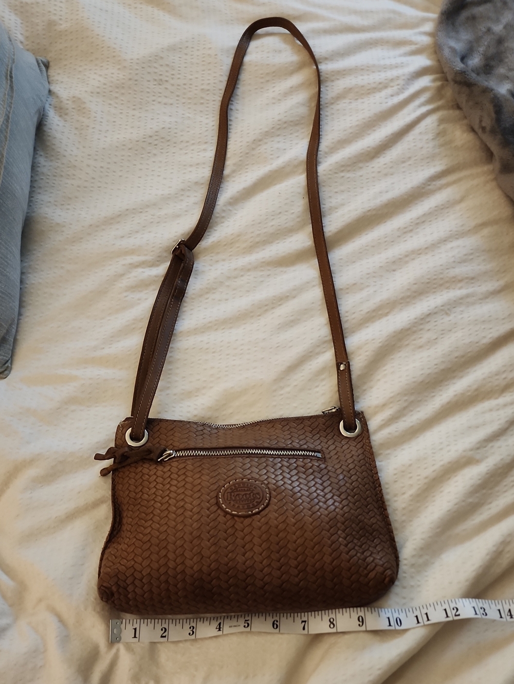 Roots Brown Woven Crossbody Bag - Women Genuine Leather